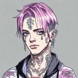 Anime-styled depiction of American rapper Lil Peep, known for his distinctive tattoos, hairstyle, and punk fashion sense.