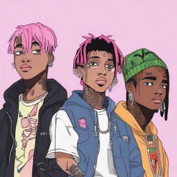 Anime-styled portrayal of American rappers Lil Peep, Juice WRLD, and XXXTentacion together, each characterized by their distinctive styles and unique personas.