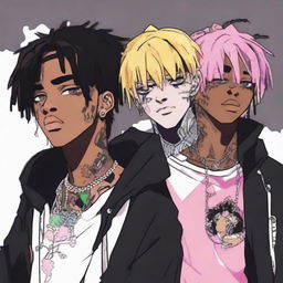 Anime-styled portrayal of American rappers Lil Peep, Juice WRLD, and XXXTentacion together, each characterized by their distinctive styles and unique personas.