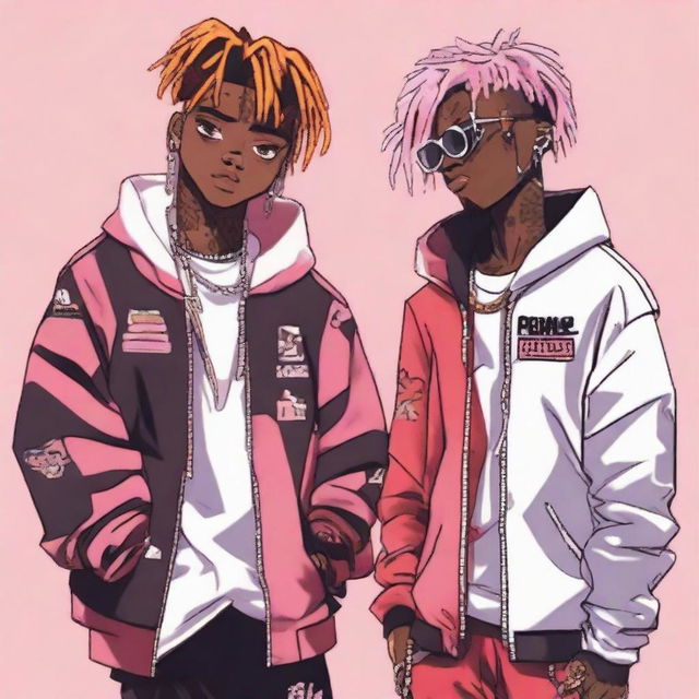 Anime-styled portrayal of American rappers Lil Peep, Juice WRLD, and XXXTentacion together, each characterized by their distinctive styles and unique personas.