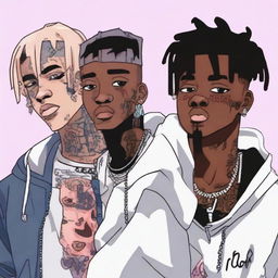 Anime-styled portrayal of American rappers Lil Peep, Juice WRLD, and XXXTentacion together, each characterized by their distinctive styles and unique personas.