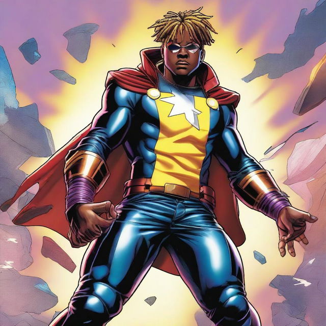 American rapper Juice WRLD depicted as an Avengers superhero in the Marvel Universe, channelling his dynamic style into a creative superhero costume.