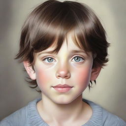 A realistic portrait of a young boy with brown hair and gray eyes, radiating innocence and serenity