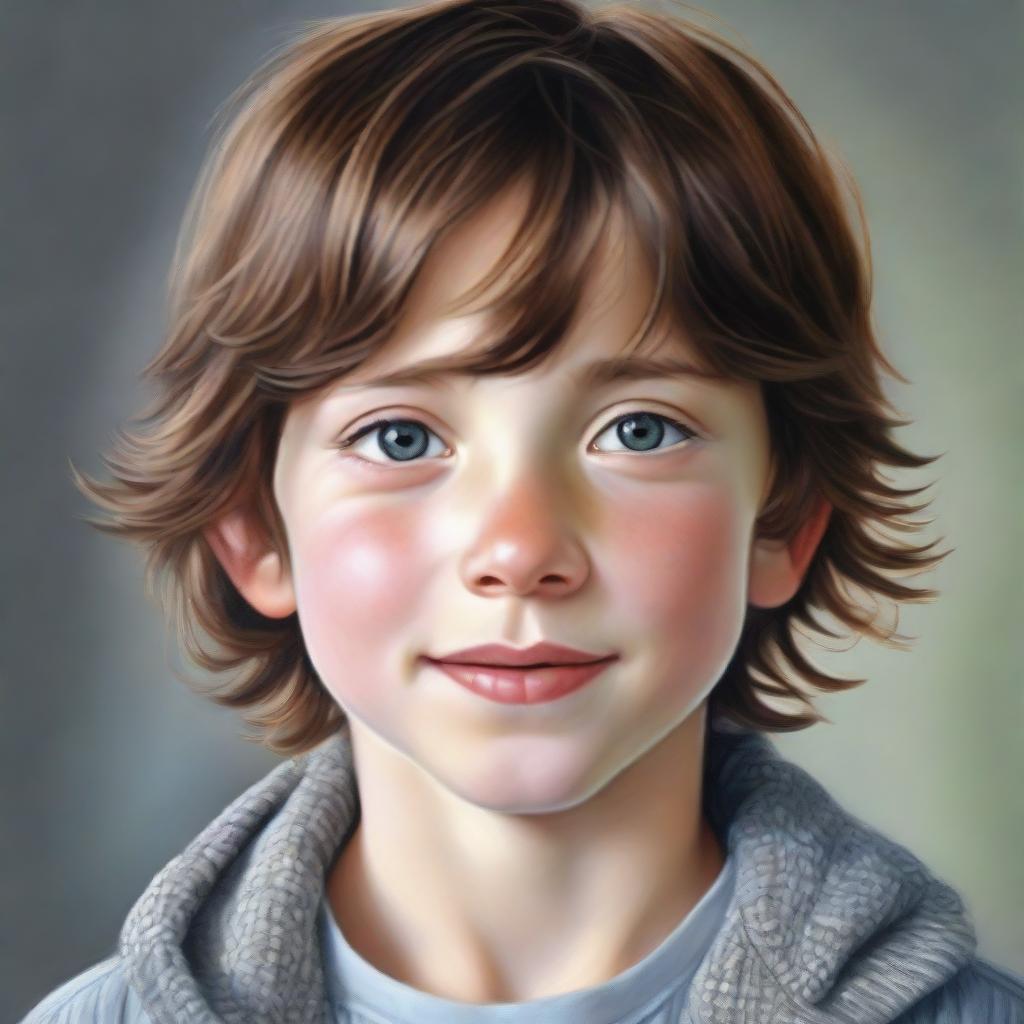 A realistic portrait of a young boy with brown hair and gray eyes, radiating innocence and serenity