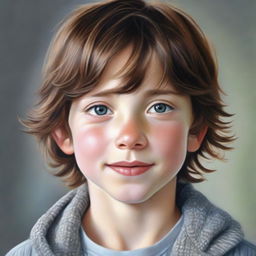 A realistic portrait of a young boy with brown hair and gray eyes, radiating innocence and serenity