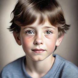 A realistic portrait of a young boy with brown hair and gray eyes, radiating innocence and serenity