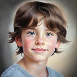 A realistic portrait of a young boy with brown hair and gray eyes, radiating innocence and serenity