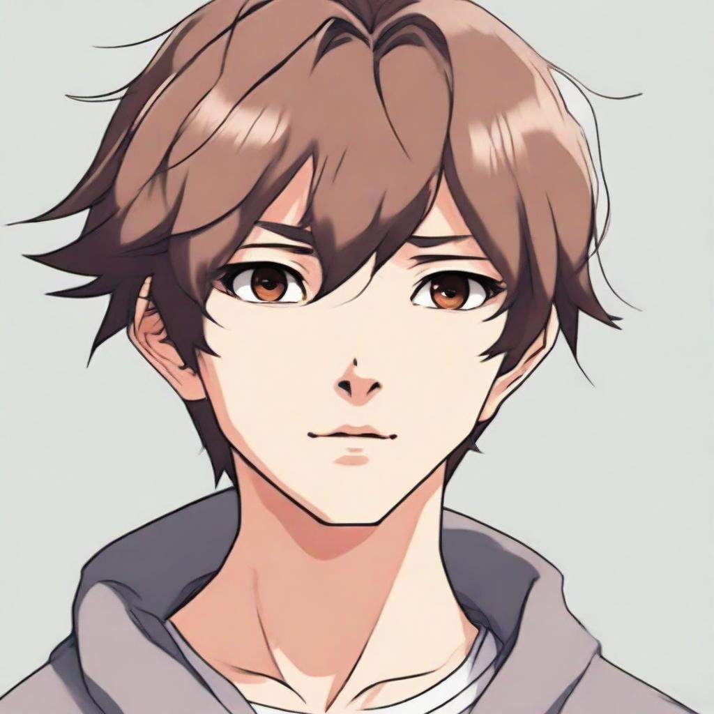 A traditional Japanese anime style portrait of a youthful boy with brown hair and striking gray eyes