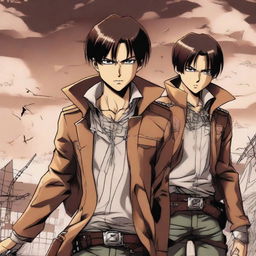 Dynamic and detailed anime-style depiction of Eren Yeager and Levi Ackerman from Attack on Titan, exhibiting their steadfast determination