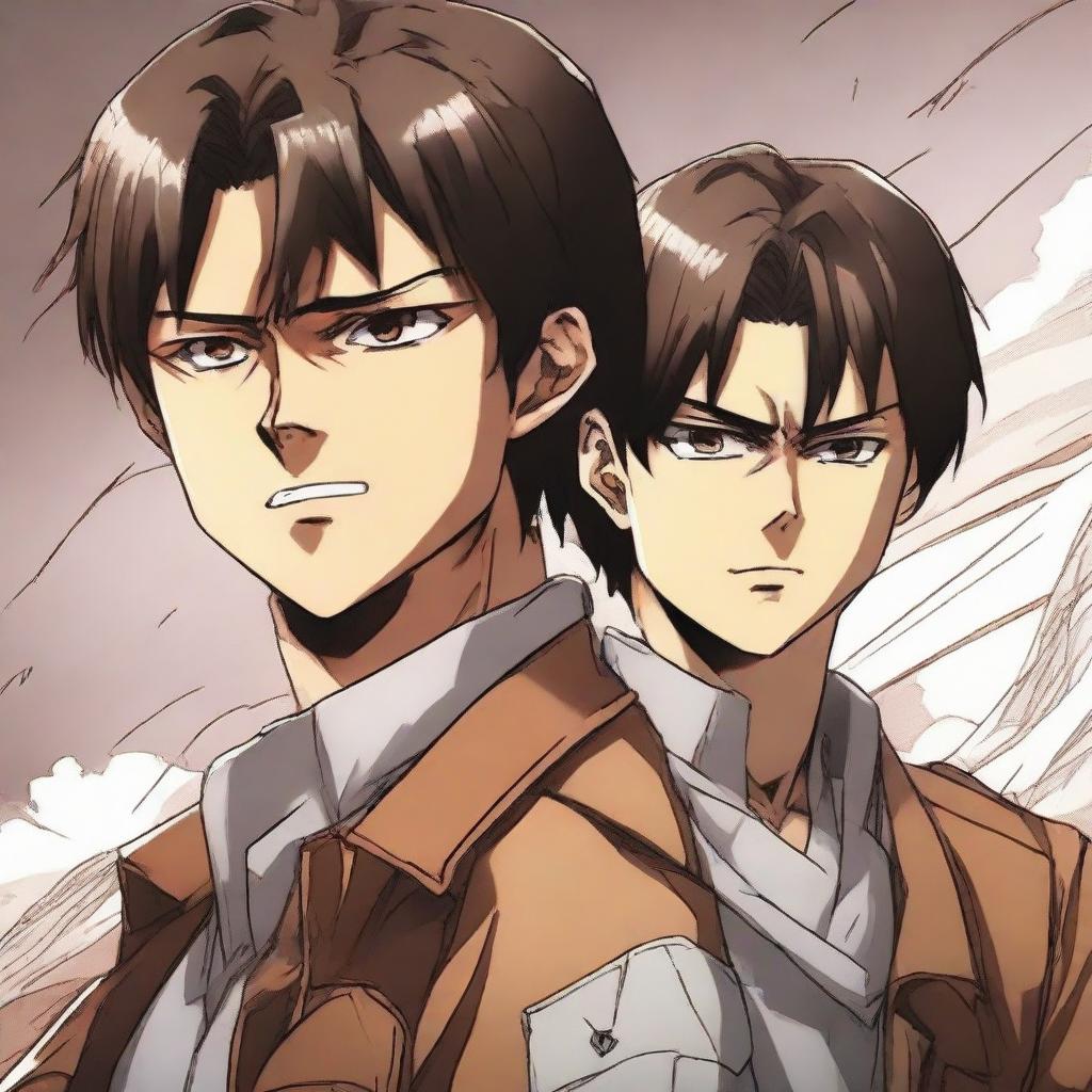 Dynamic and detailed anime-style depiction of Eren Yeager and Levi Ackerman from Attack on Titan, exhibiting their steadfast determination