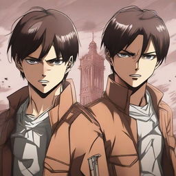 Dynamic and detailed anime-style depiction of Eren Yeager and Levi Ackerman from Attack on Titan, exhibiting their steadfast determination