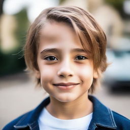 A young boy with trendy middle part hair.