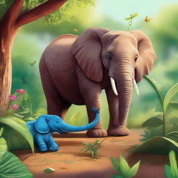 A charming and vibrant scene in the wild where a curious snake is found playing around a gentle, amused elephant