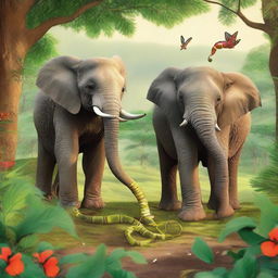 A charming and vibrant scene in the wild where a curious snake is found playing around a gentle, amused elephant