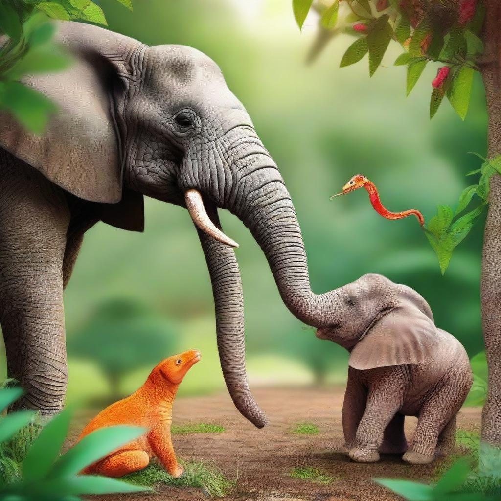 A charming and vibrant scene in the wild where a curious snake is found playing around a gentle, amused elephant