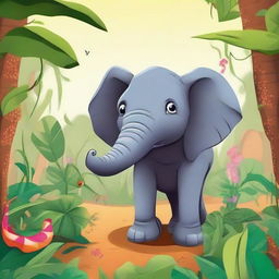 A charming and vibrant scene in the wild where a curious snake is found playing around a gentle, amused elephant