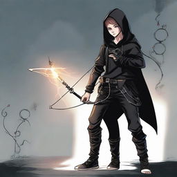 A teenage boy dressed in a black hoodie and black pants, sporting a mechanical arm and holding an enchanting magical bow