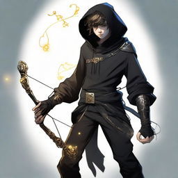 A teenage boy dressed in a black hoodie and black pants, sporting a mechanical arm and holding an enchanting magical bow