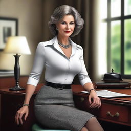 The digital art image showcases a sophisticated woman in her 50s