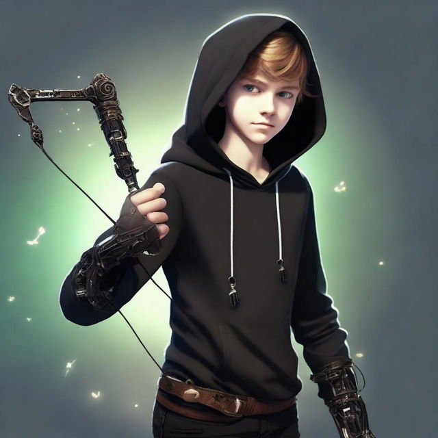 A teenage boy dressed in a black hoodie and black pants, sporting a mechanical arm and holding an enchanting magical bow