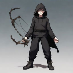 A teenage boy dressed in a black hoodie and black pants, sporting a mechanical arm and holding an enchanting magical bow