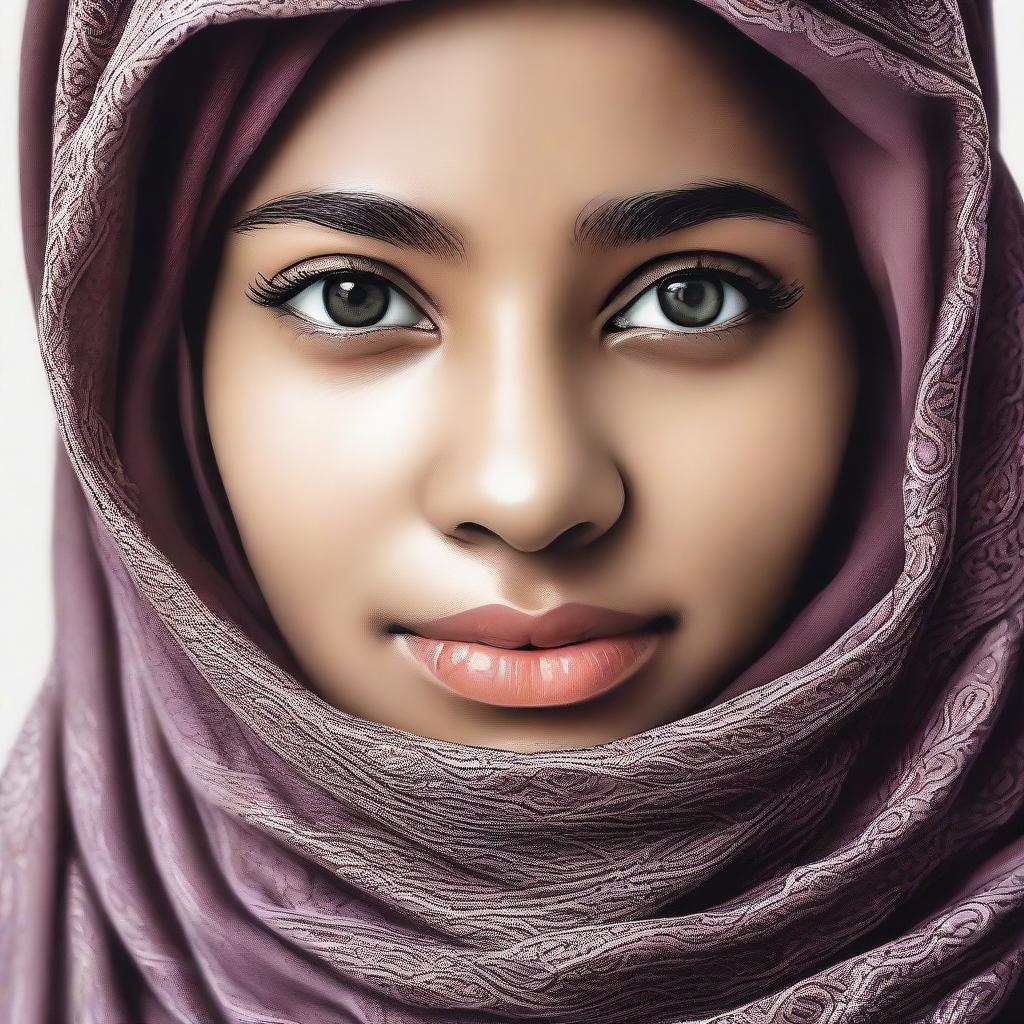 A beautifully detailed portrait of a girl confidently wearing a hijab, her eyes shining with determination and wisdom