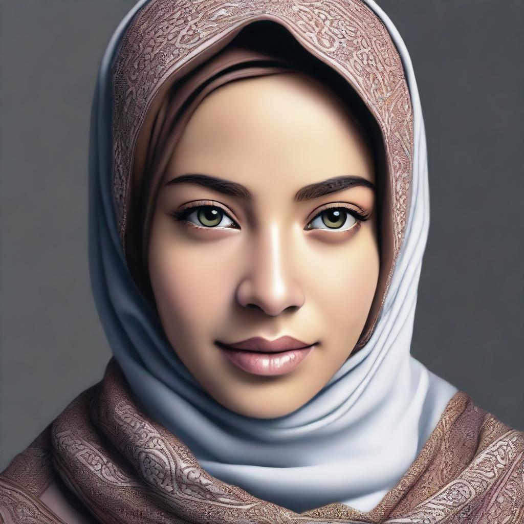 A beautifully detailed portrait of a girl confidently wearing a hijab, her eyes shining with determination and wisdom