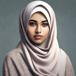 A beautifully detailed portrait of a girl confidently wearing a hijab, her eyes shining with determination and wisdom