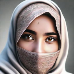 A beautifully detailed portrait of a girl confidently wearing a hijab, her eyes shining with determination and wisdom