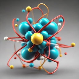 A highly detailed, scientifically accurate 3D representation of an atom, showing the protons, neutrons, and electrons in dynamic motion