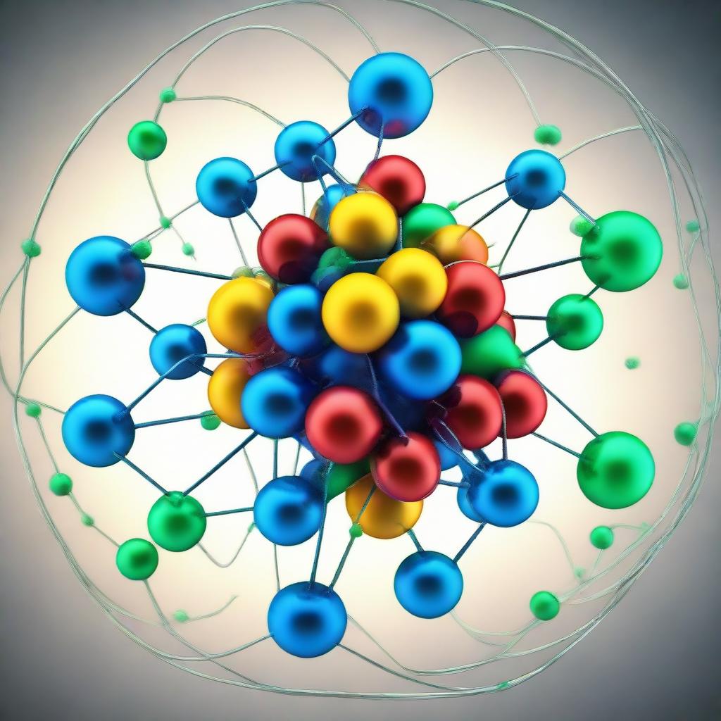 A highly detailed, scientifically accurate 3D representation of an atom, showing the protons, neutrons, and electrons in dynamic motion