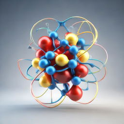 A highly detailed, scientifically accurate 3D representation of an atom, showing the protons, neutrons, and electrons in dynamic motion