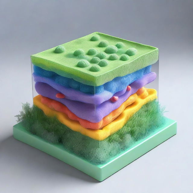 A detailed 3D depiction of a plant cell wall structure, showcasing its composition with layers of cellulose, hemicellulose, and pectin