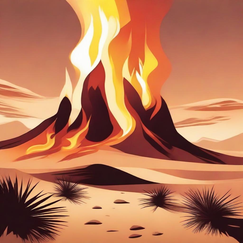 A striking illustration of heat sensation or extremity, such as a sunny desert with shimmering mirages or a roaring bonfire with dynamic flames dancing fiercely.