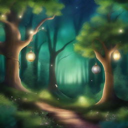 A captivating digital art image of an enchanted forest, filled with lush, verdant trees under a starlit sky