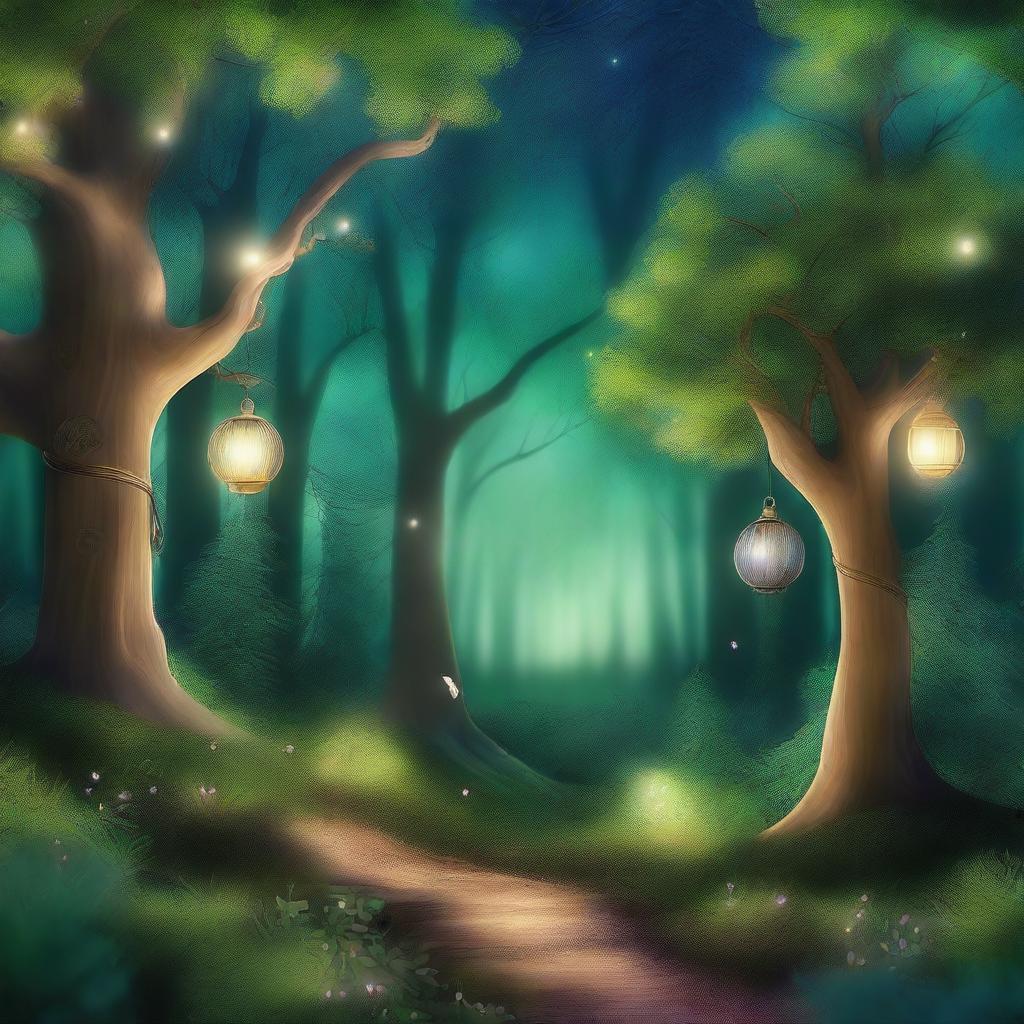 A captivating digital art image of an enchanted forest, filled with lush, verdant trees under a starlit sky