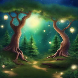 A captivating digital art image of an enchanted forest, filled with lush, verdant trees under a starlit sky