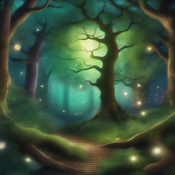 A captivating digital art image of an enchanted forest, filled with lush, verdant trees under a starlit sky