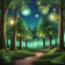 A captivating digital art image of an enchanted forest, filled with lush, verdant trees under a starlit sky