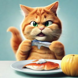 A high definition, realistic image of Garfield the cat eating a fish.