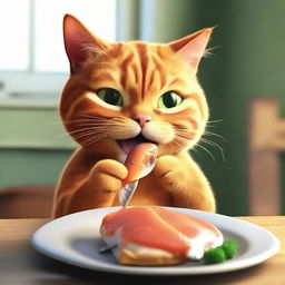 A high definition, realistic image of Garfield the cat eating a fish.