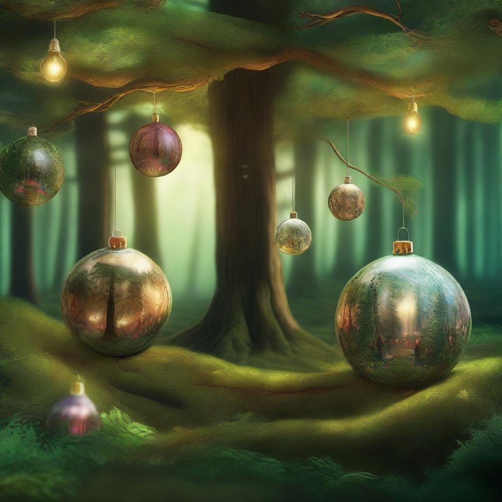 A high-quality, realistic image depicting a forest scene where magical ornaments are swirling in the air