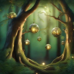 A high-quality, realistic image depicting a forest scene where magical ornaments are swirling in the air