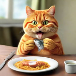 A high definition, realistic image of Garfield the cat eating a fish.