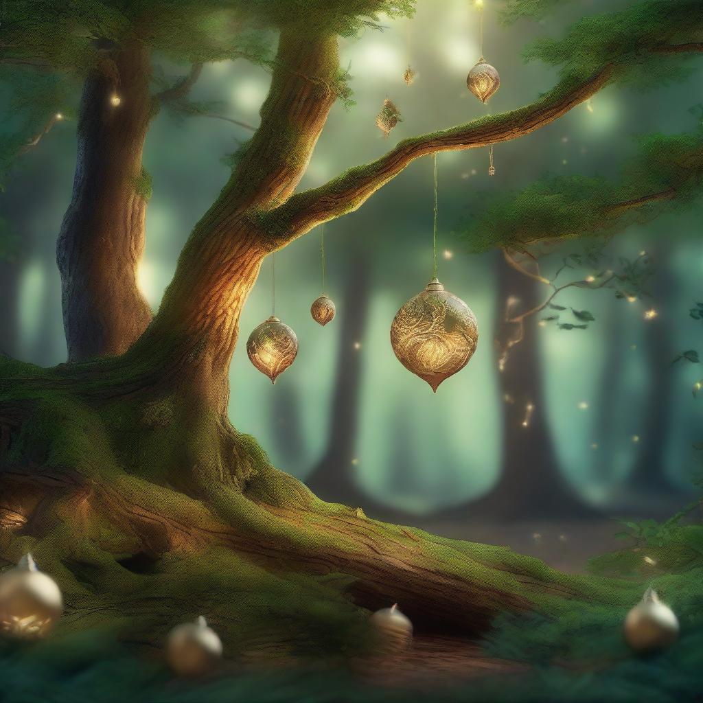 A high-quality, realistic image depicting a forest scene where magical ornaments are swirling in the air
