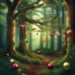 A high-quality, realistic image depicting a forest scene where magical ornaments are swirling in the air