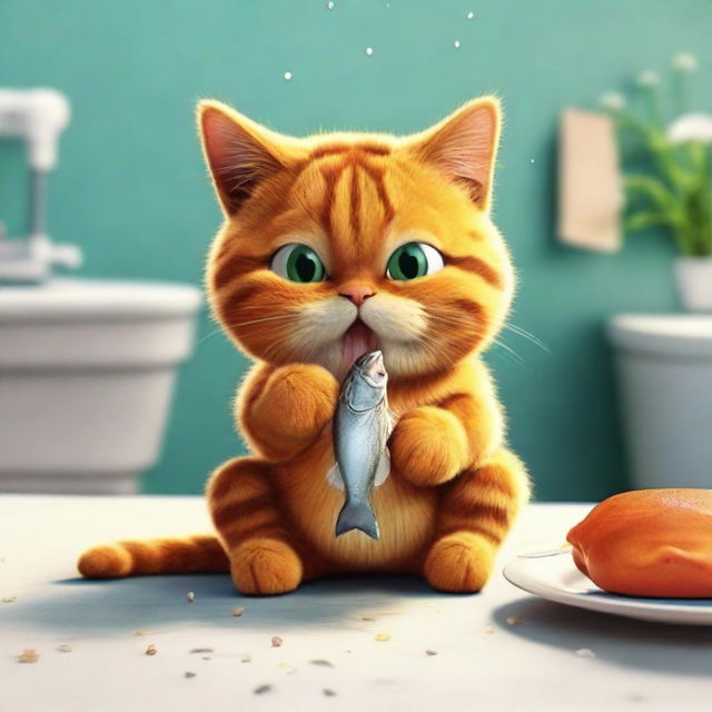 A high definition, realistic image of Garfield the cat eating a fish.