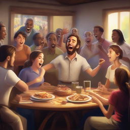 An energetic scene at a game night featuring action-packed gameplay, people singing songs, partaking in the Lord's supper, dancing, a spot prize area filled with varied prizes, and an overall atmosphere filled with lots of fun