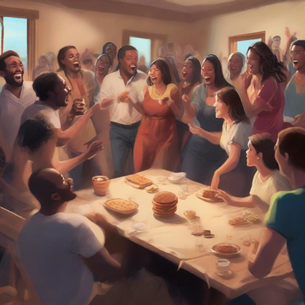 An energetic scene at a game night featuring action-packed gameplay, people singing songs, partaking in the Lord's supper, dancing, a spot prize area filled with varied prizes, and an overall atmosphere filled with lots of fun