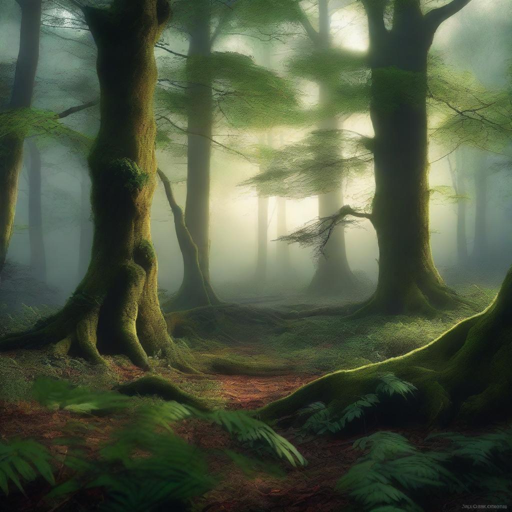 A high-quality, photorealistic image of a forest, imbued with an eerie, magical twist